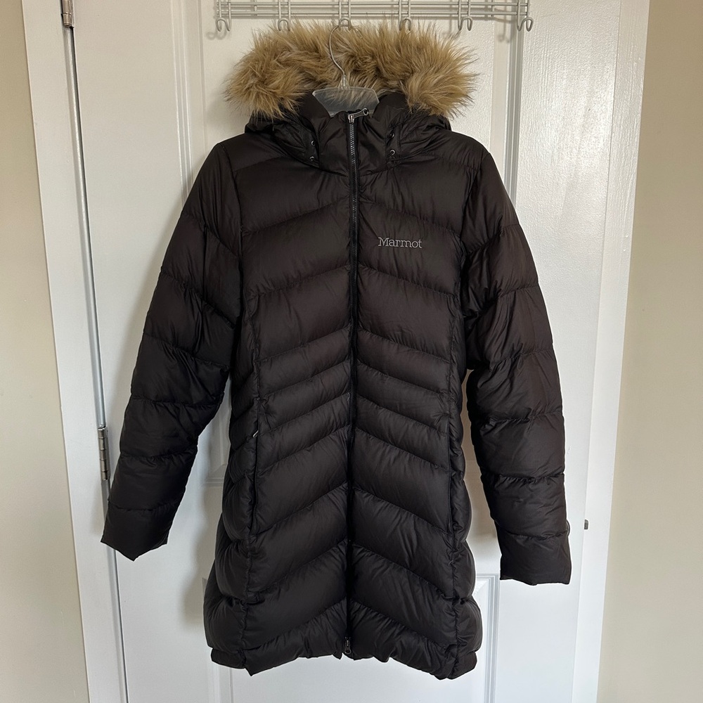 Marmot Women's Black Puffer Coat with Faux Fur Hood